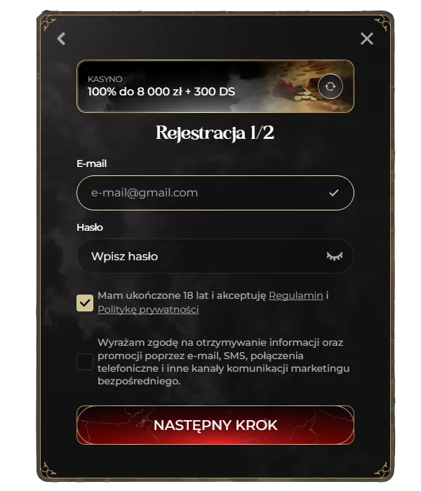 Proces rejestracji w Casina - krok 1